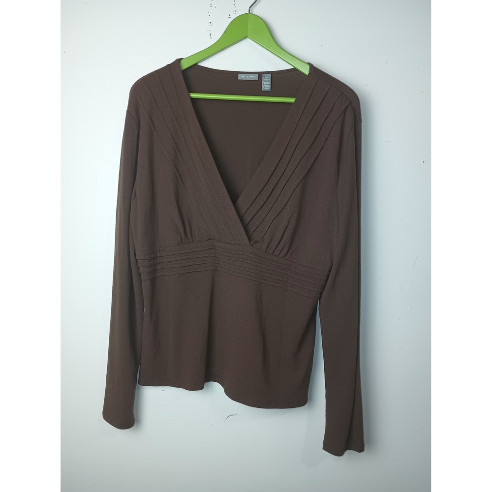 Apt 9 Petite Brown V Neck Babydoll Top Long Sleeve Pleated Y2K‎ PXL